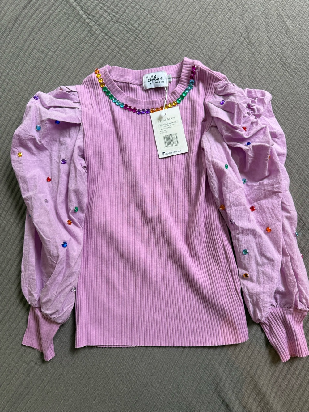 Lola + The Boys Lavender Puff Sleeve Ribbed Top with Multicolor Gems